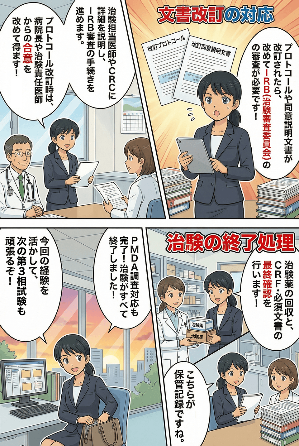 マンガでわかる文書改定の対応、治験の終了処理
